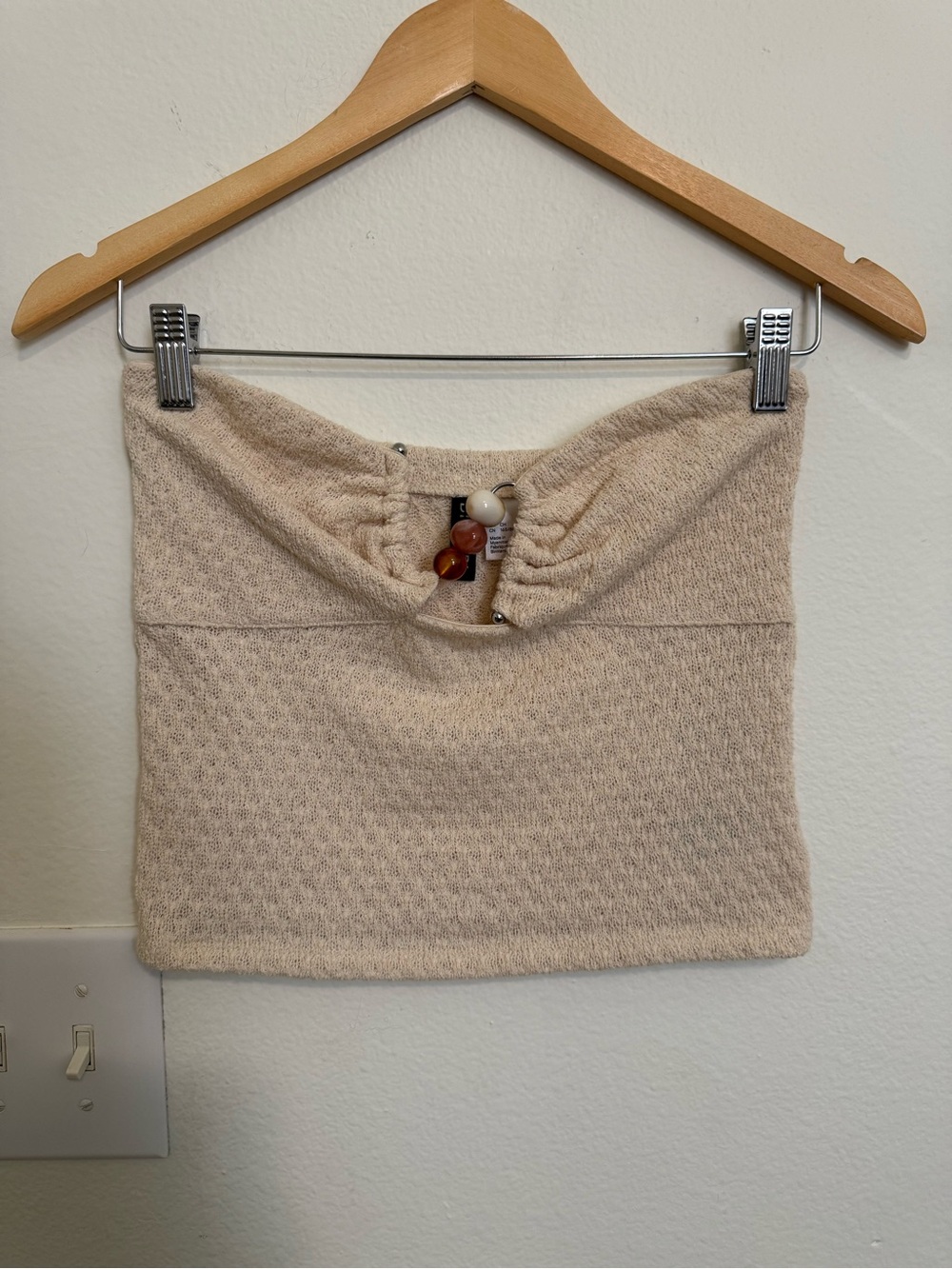 Divided Beaded Detail Beige Knit Tube Top